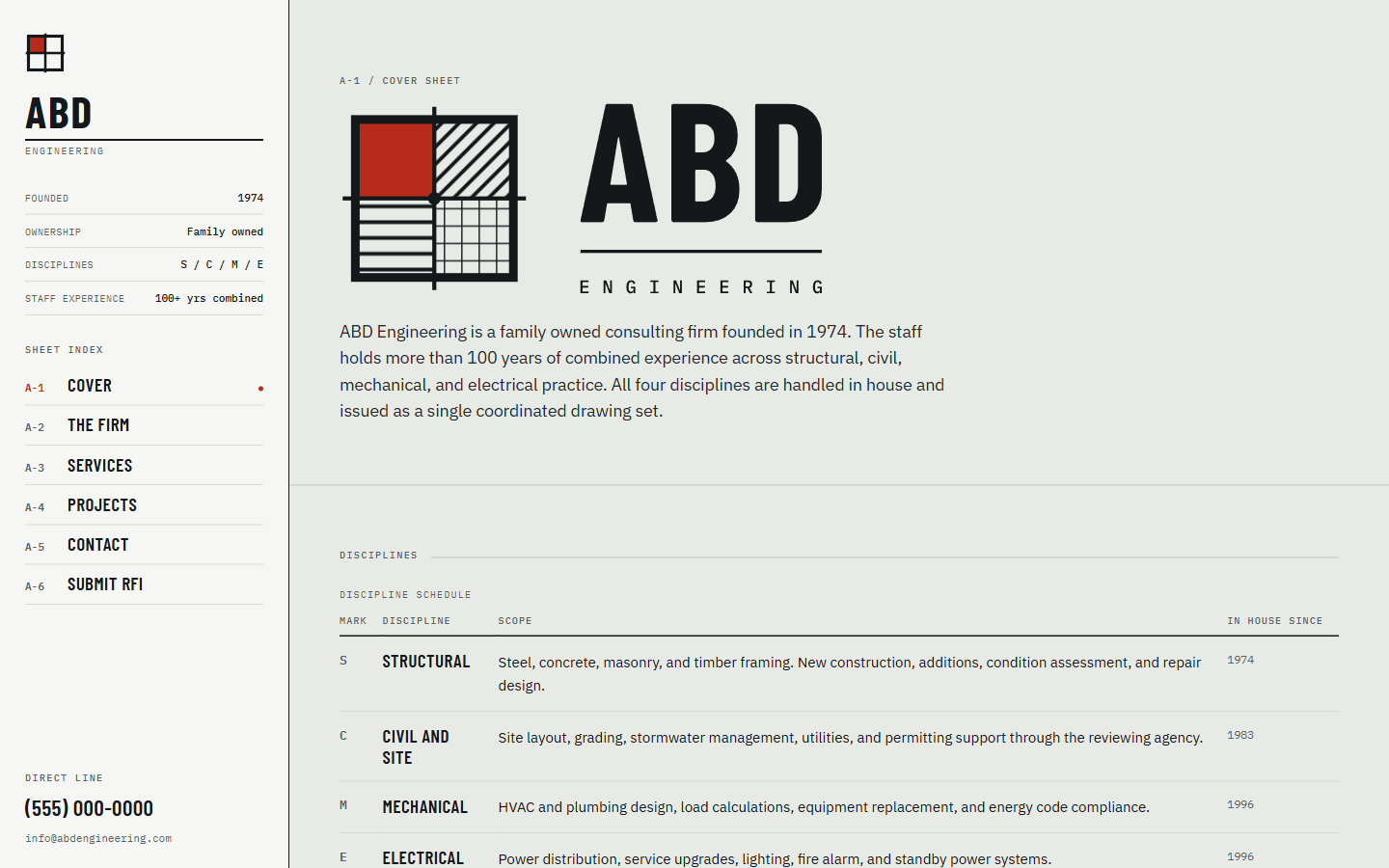 The ABD Engineering home page on a desktop screen